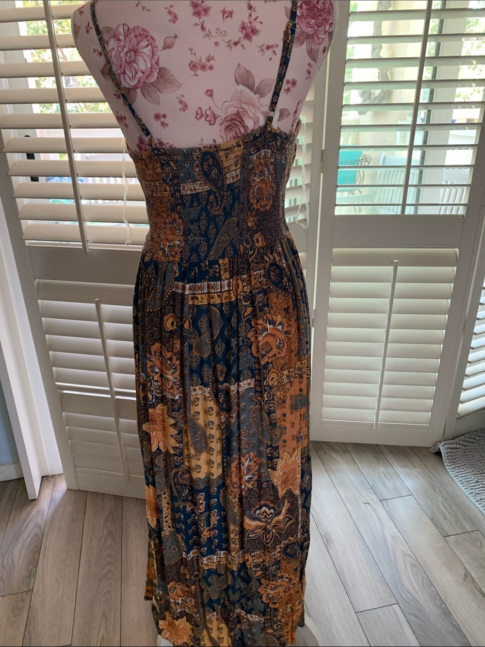 Angie Bohemian Floral Maxi Dress in blue and orange hues. - Picture 3 of 5